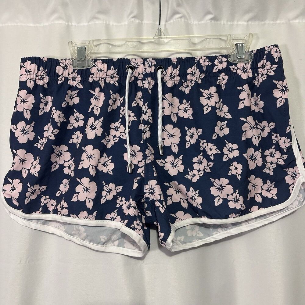 Franks Women Navy Blue Pink Oahu Hibiscus Floral Print Swim Board Shorts Size XL